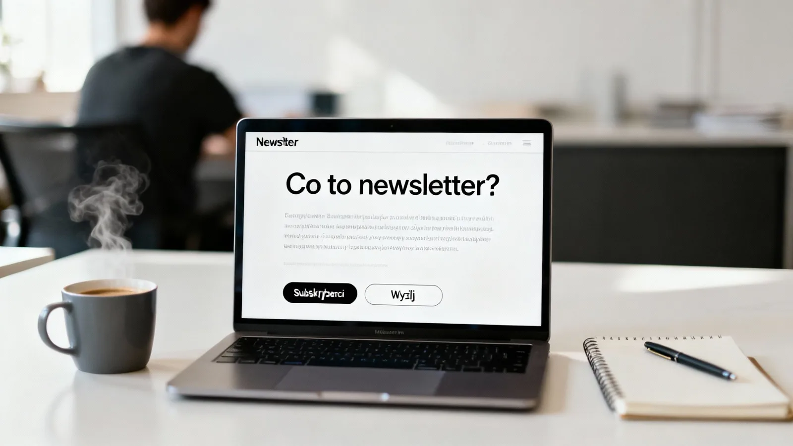 Widok na laptop z ekranem newslettera, filiżankę kawy i notatnik na jasnym biurku w biurze.