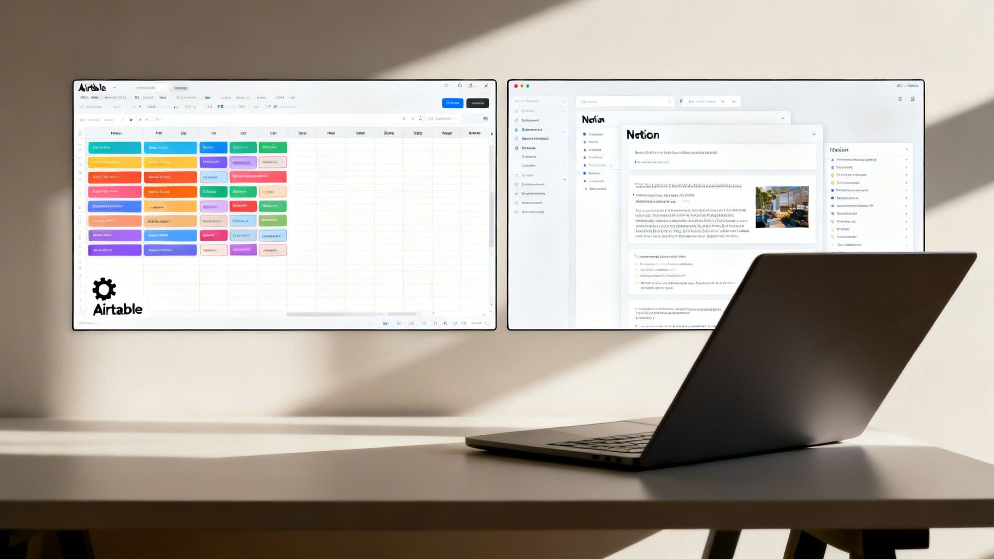 Two monitors display Airtable and Notion interfaces on a clean desk with a modern laptop.