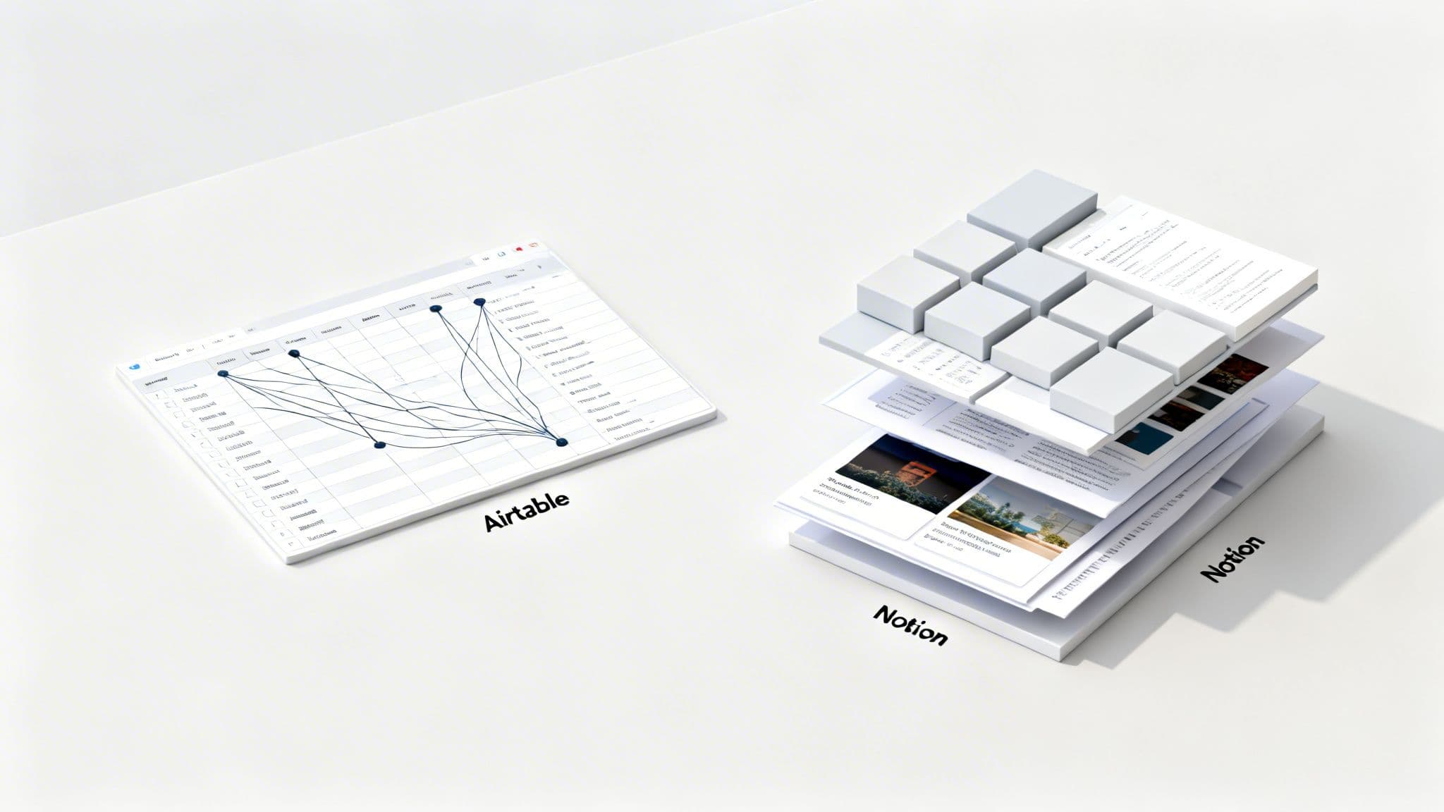 Airtable spreadsheet with connected data versus a Notion stack of documents and blocks, illustrating platform differences.