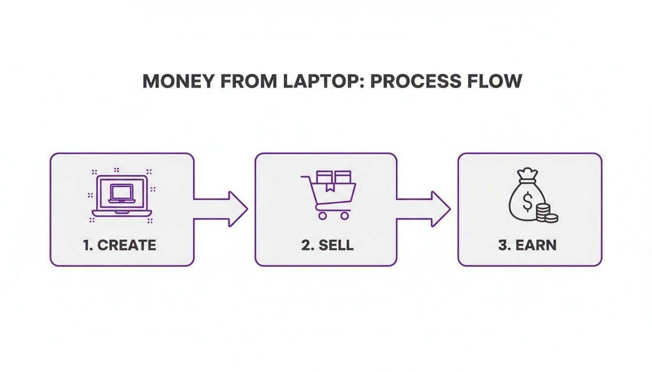 A process flow diagram shows three steps to make money from a laptop: Create, Sell, and Earn.