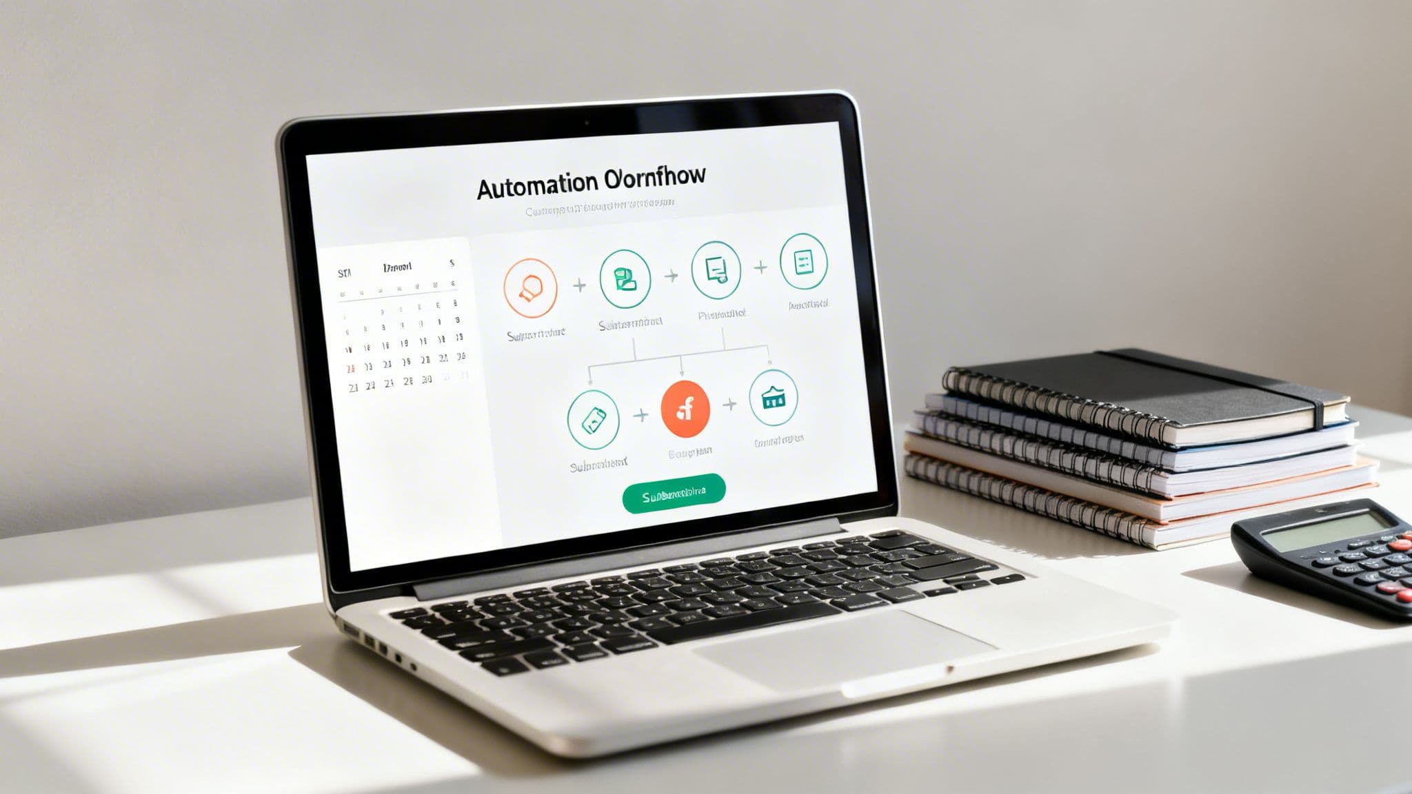A laptop displays an automation workflow diagram, alongside stacked notebooks and a calculator on a white desk.