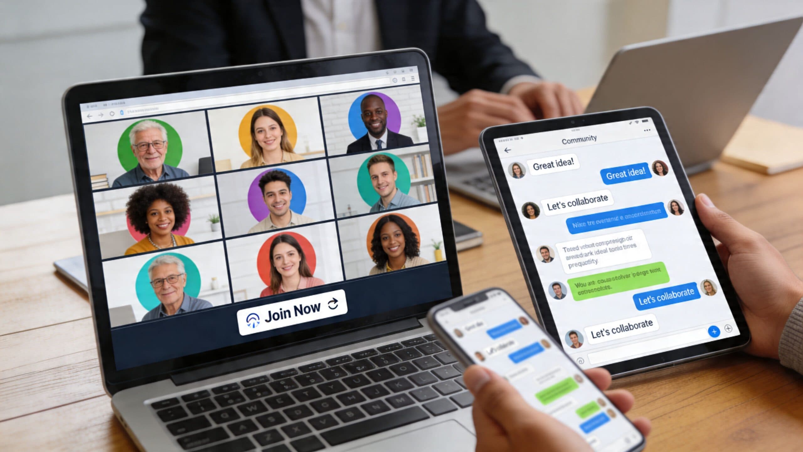A person using multiple digital devices for a business meeting and chatting with remote professional colleagues online.