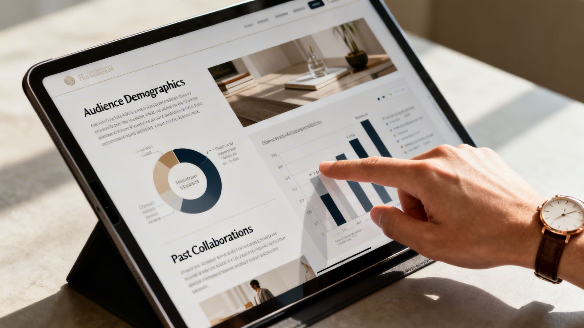 A person reviewing audience demographics and past collaborations data on a digital tablet screen.