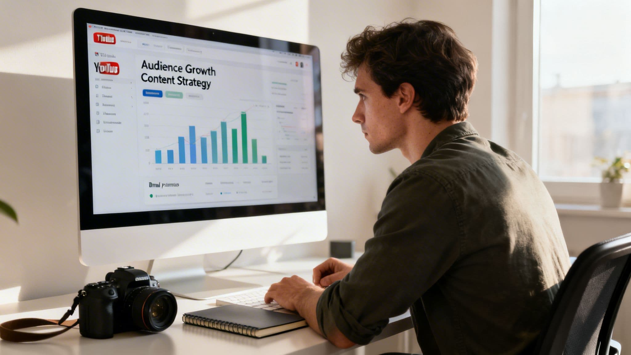 A young content creator analyzing audience growth and engagement data on a computer screen in a bright office.