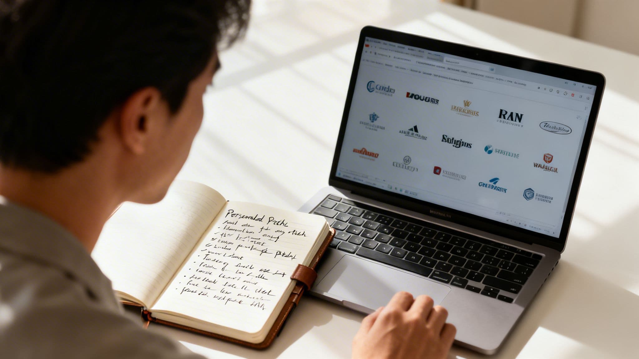 A young man sitting at a desk with a laptop and notebook, researching potential YouTube brand sponsorships.