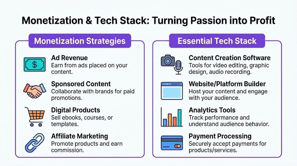 An infographic titled Monetization and Tech Stack showing revenue strategies and essential tools for content creators.