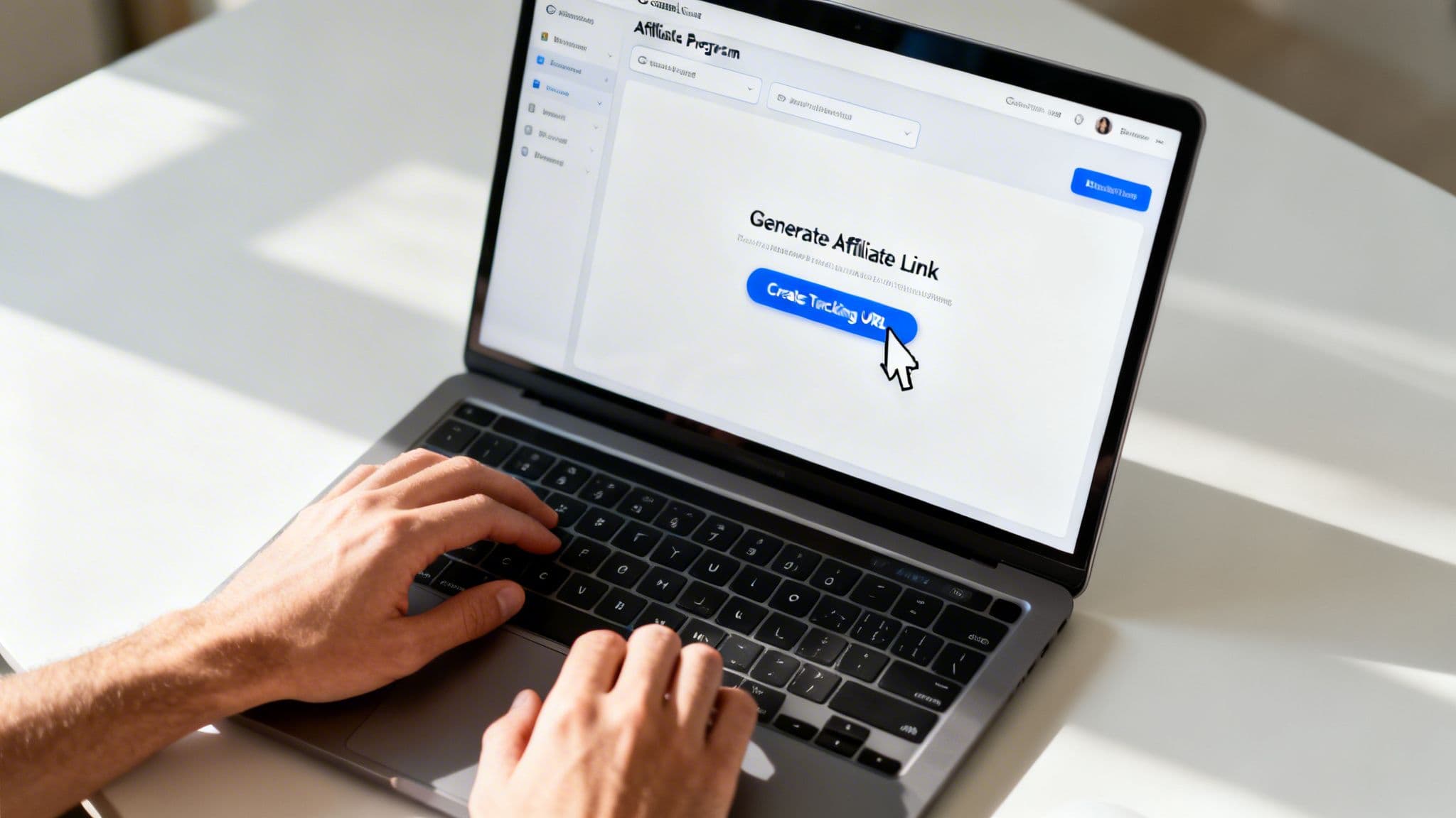 A person using a laptop to create an affiliate tracking link on a digital affiliate program dashboard.