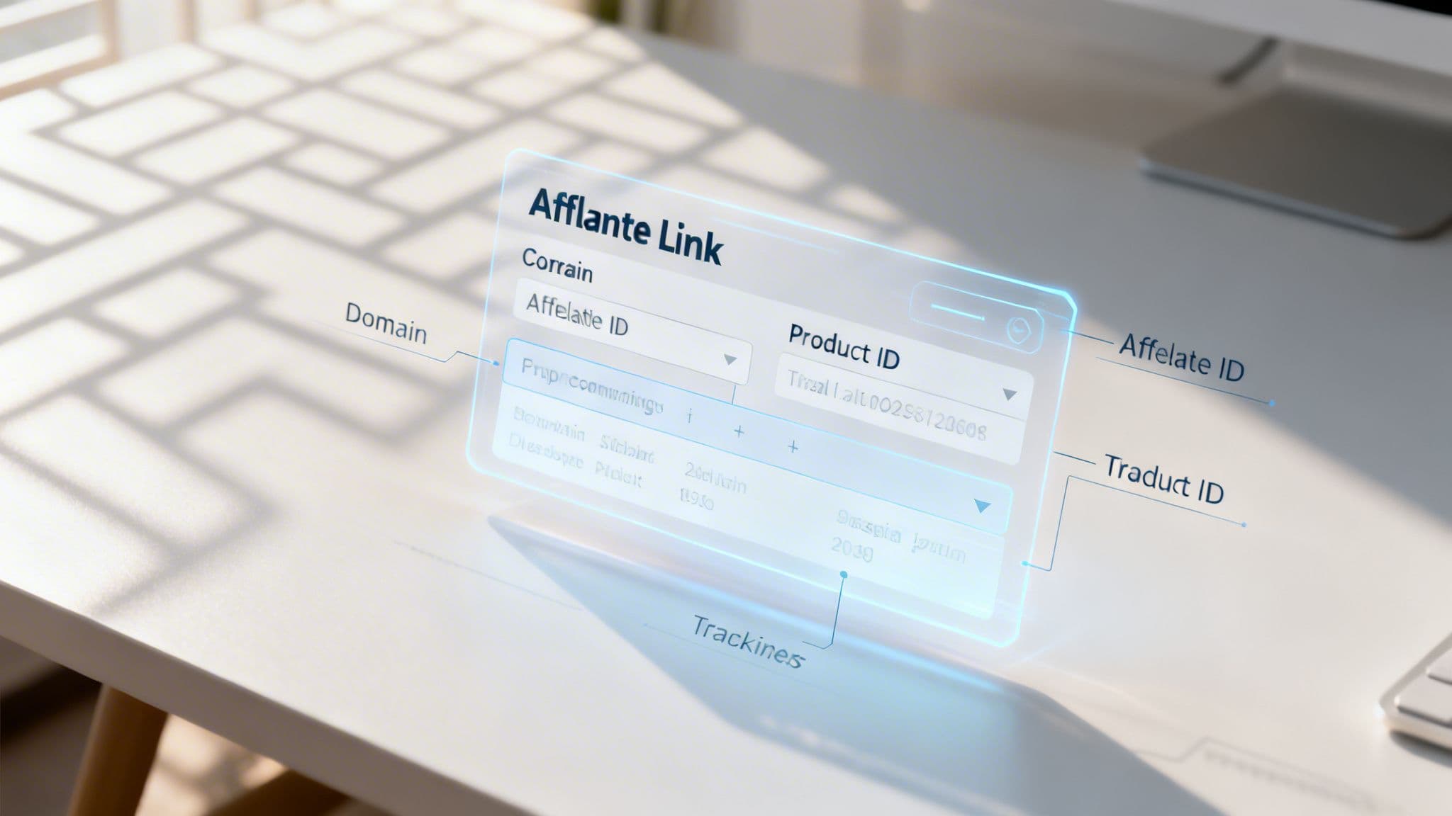 A futuristic digital holographic display showing affiliate link configuration settings on a white office desk surface.