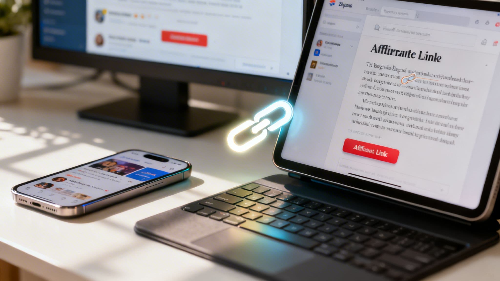 A modern workspace featuring a smartphone, tablet, and computer monitor displaying affiliate marketing content and digital links.