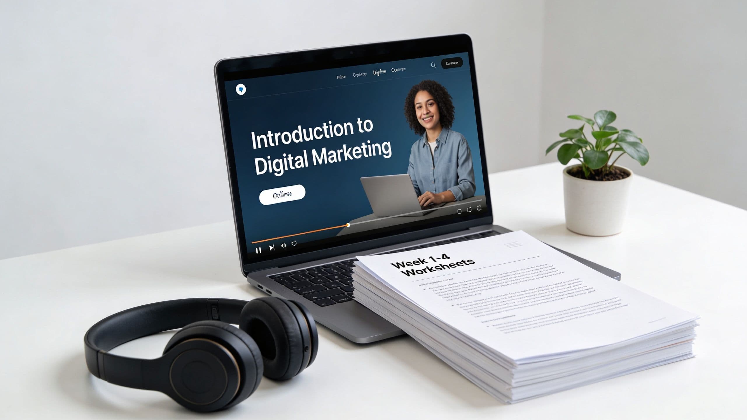 A laptop displaying a Digital Marketing course video next to worksheets and headphones on a desk.