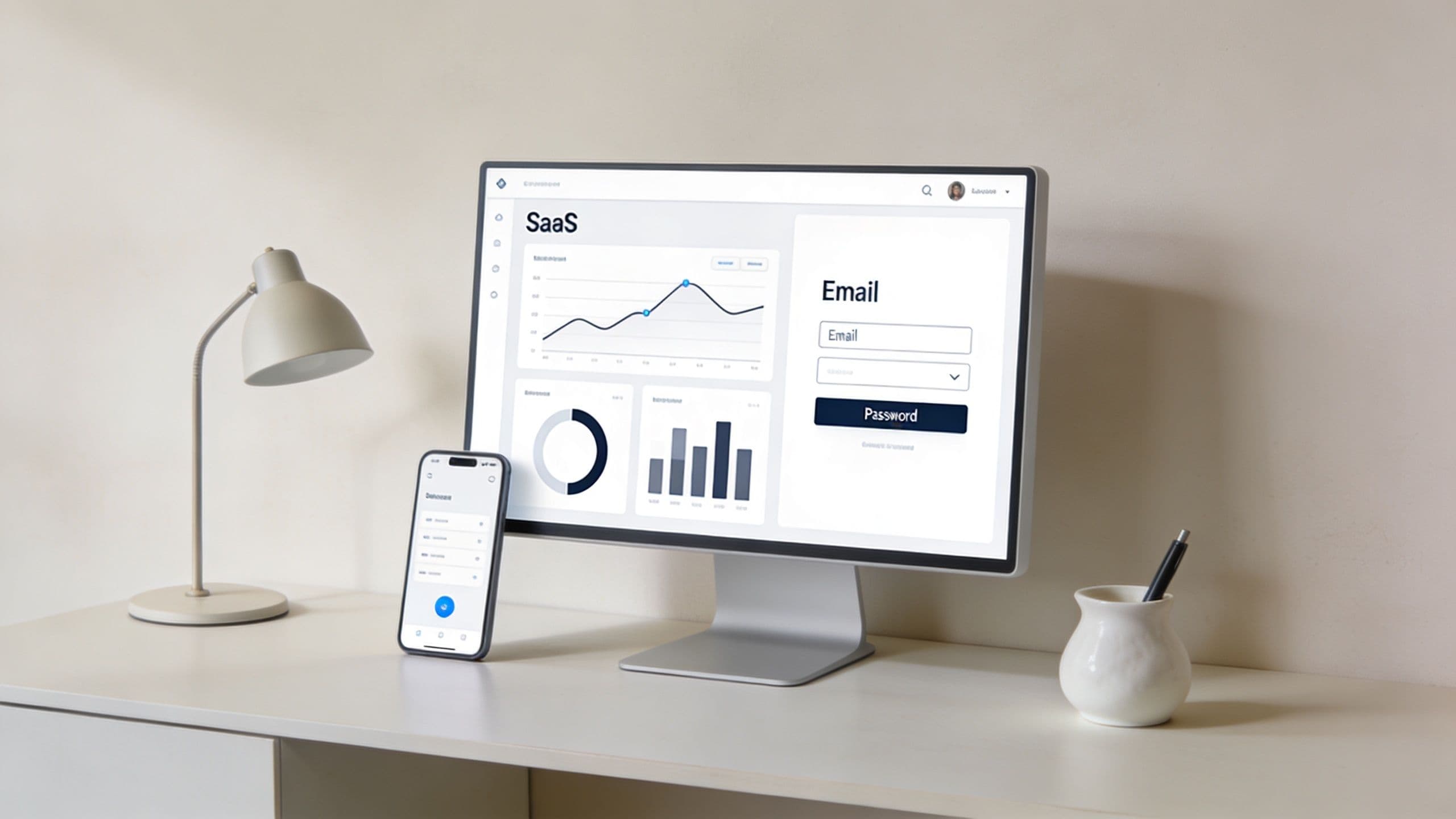 A minimalist office desk featuring a computer monitor displaying analytics and a smartphone beside a desk lamp.