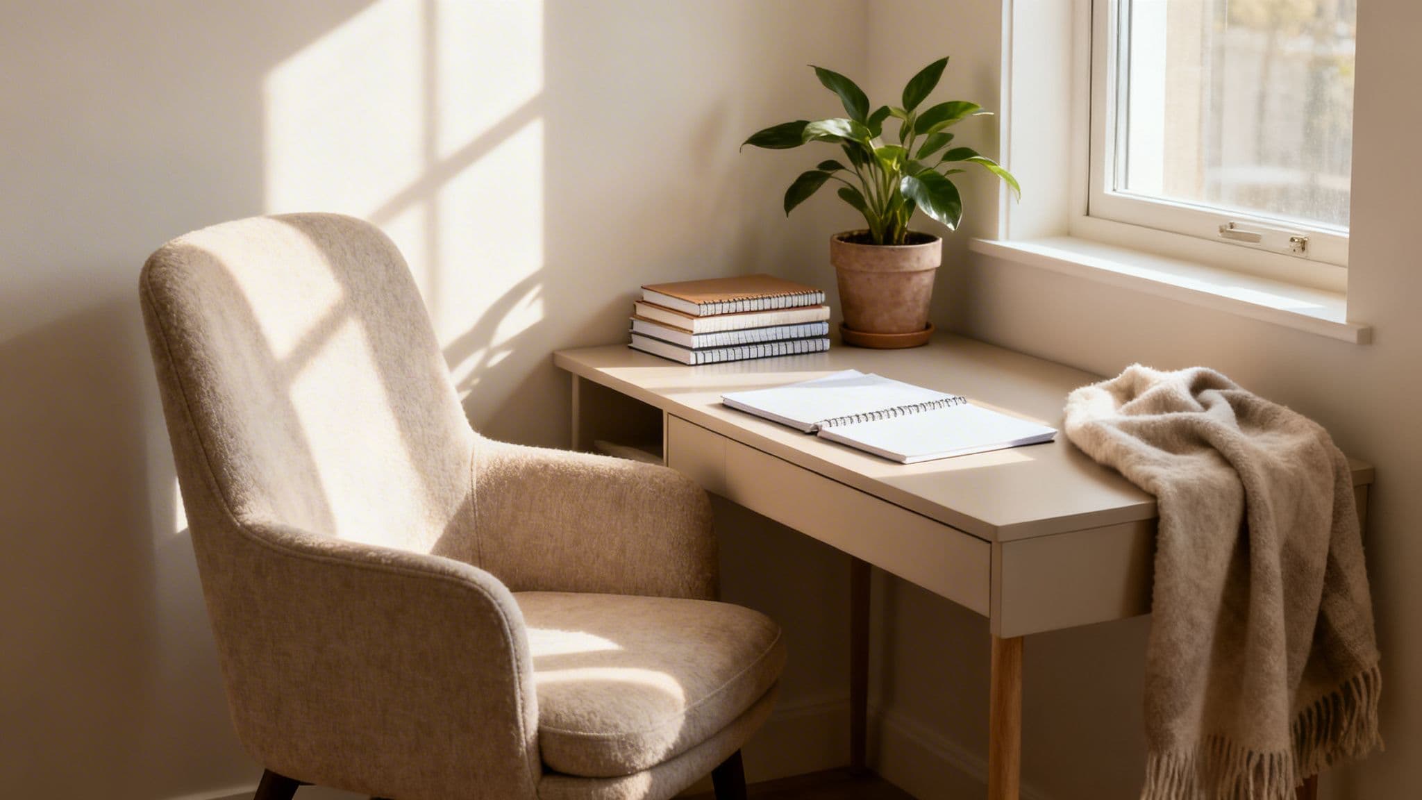 Cozy home office with a beige desk, chair, plant, notebooks, and natural light.