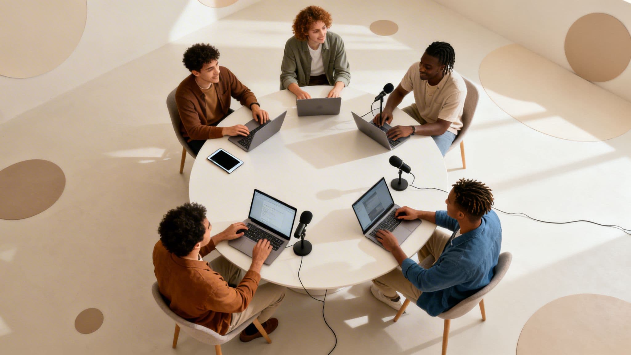 Diverse group of young people collaborating on laptops around a table with microphones in a modern space.