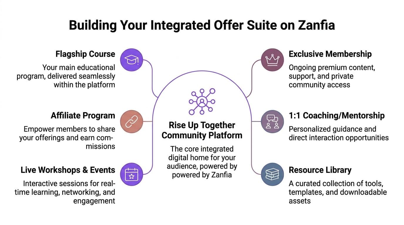 A diagram illustrating the integrated offer suite for a community platform powered by Zanfia.
