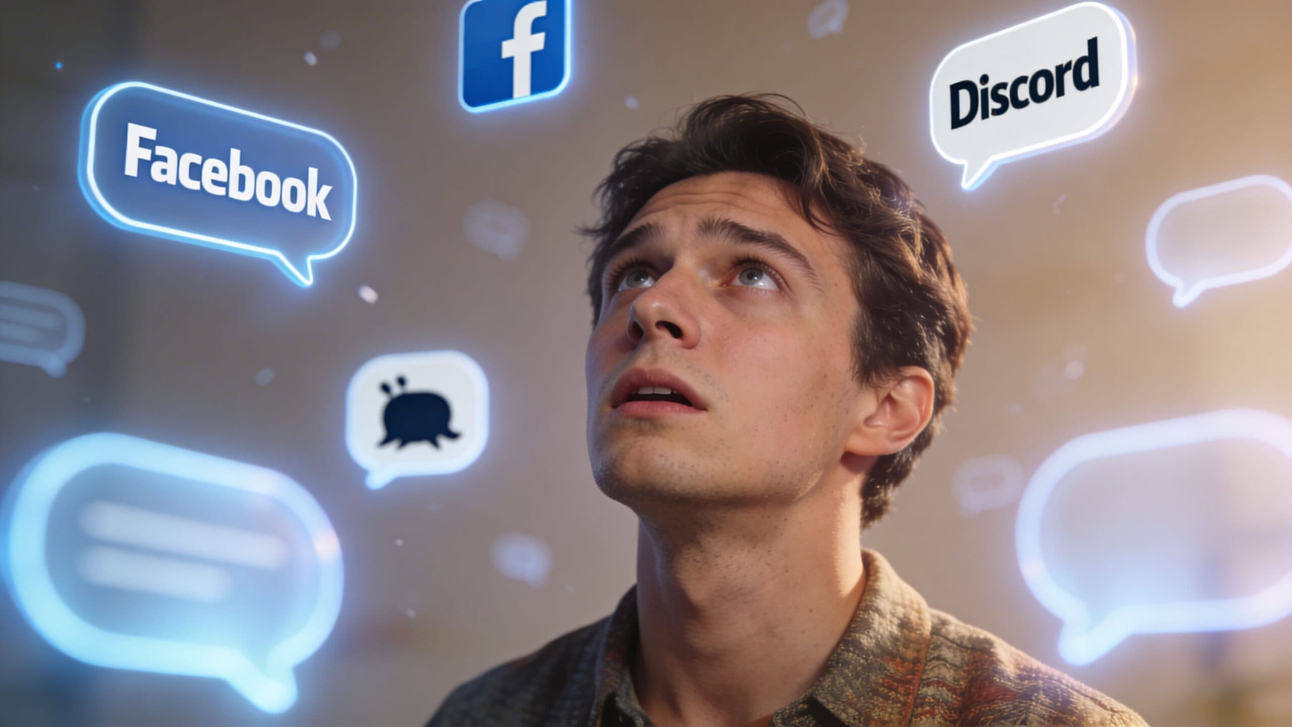 A young man looking up at floating digital speech bubbles and social media icons in a dark room.