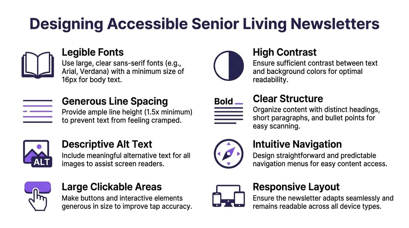An infographic titled Designing Accessible Senior Living Newsletters listing eight essential accessibility tips for senior-friendly communication design.