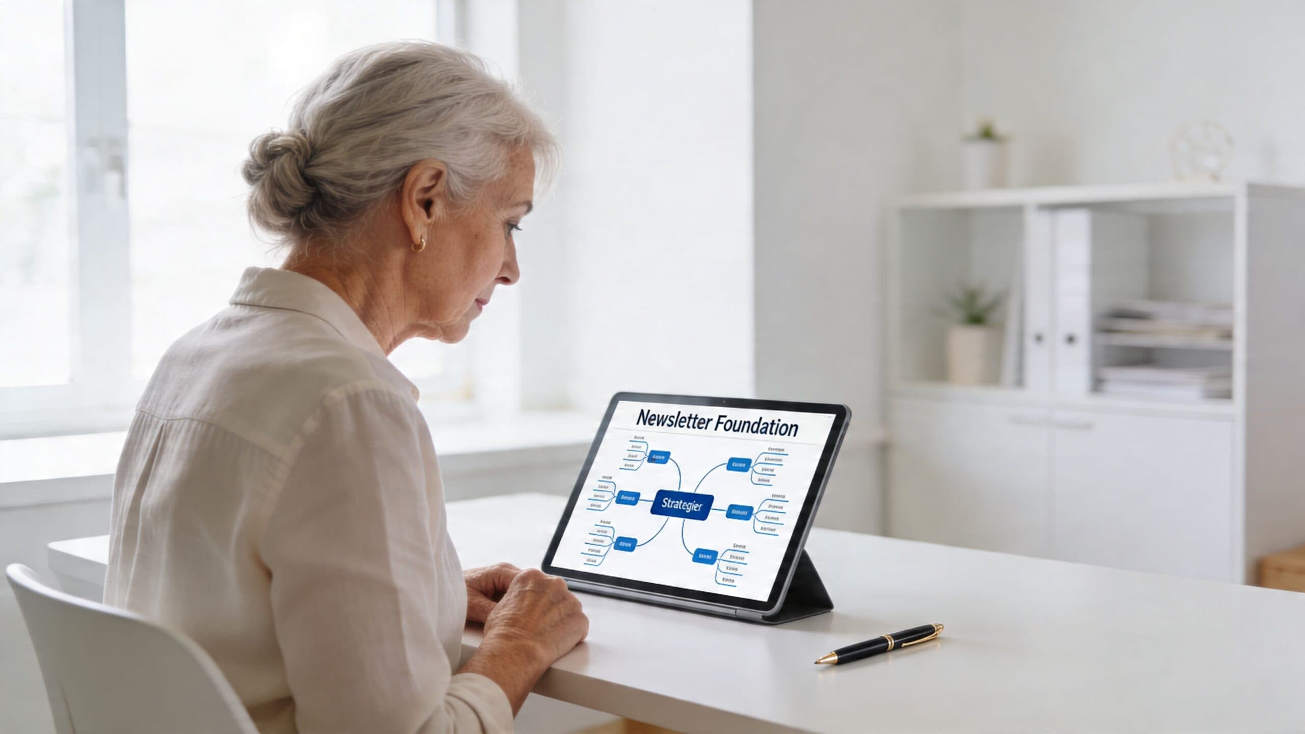 An older woman with grey hair sitting at a desk looking at a tablet displaying a newsletter strategy chart.