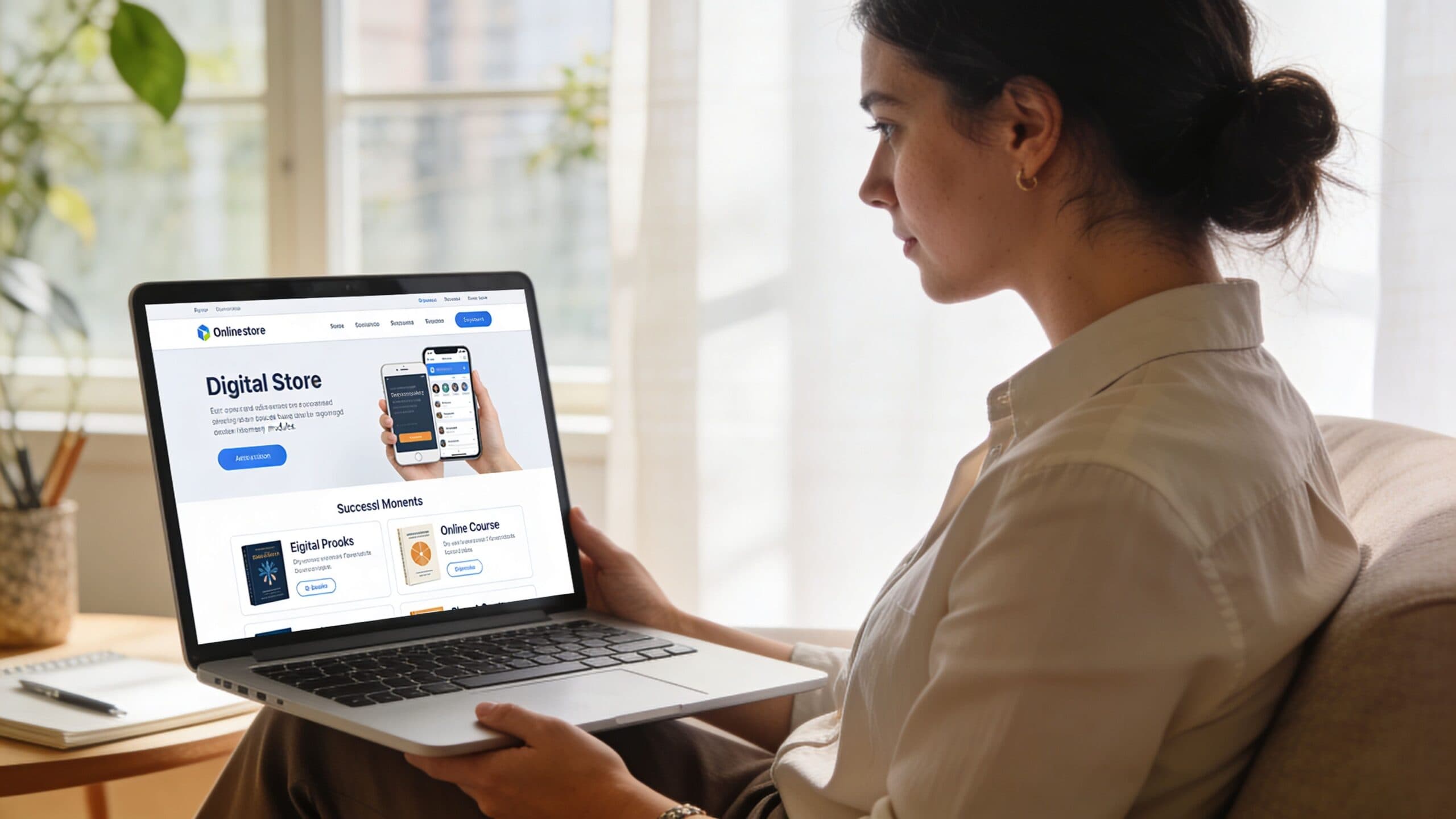 A woman using a laptop to view a digital online store website design on the screen.