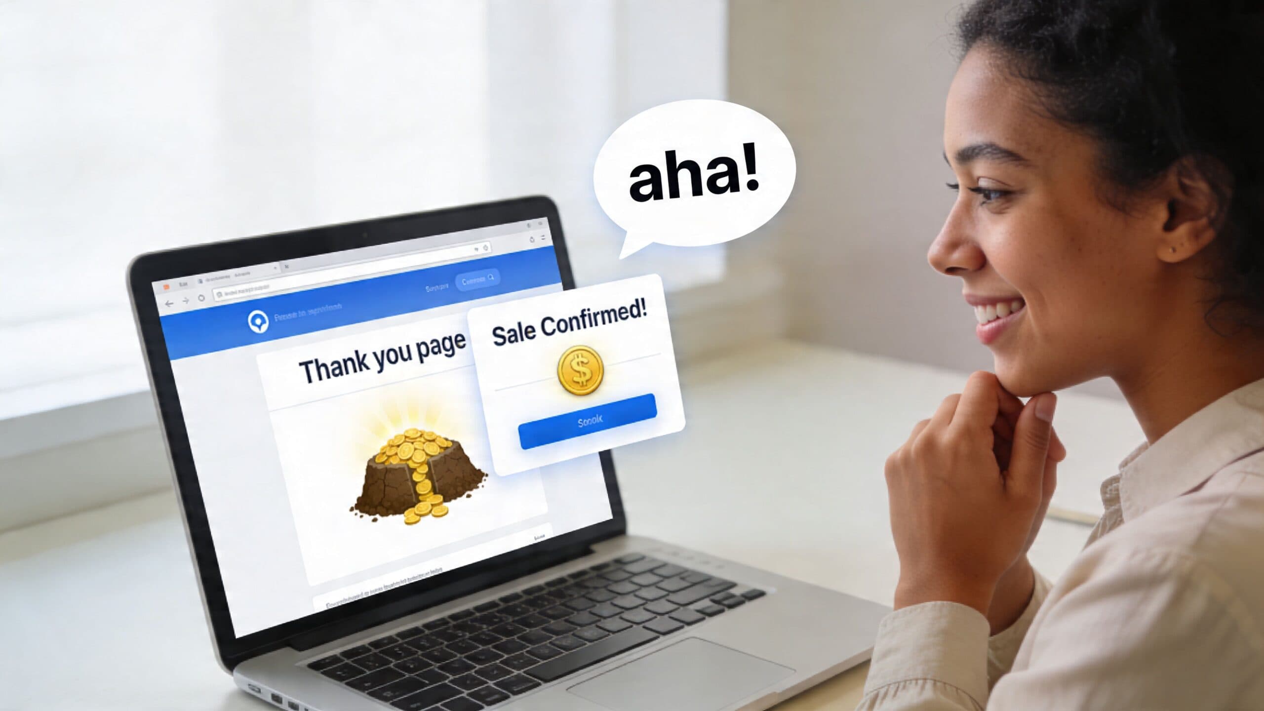 A smiling young woman looking at a laptop screen displaying a sale confirmed message on a webpage.