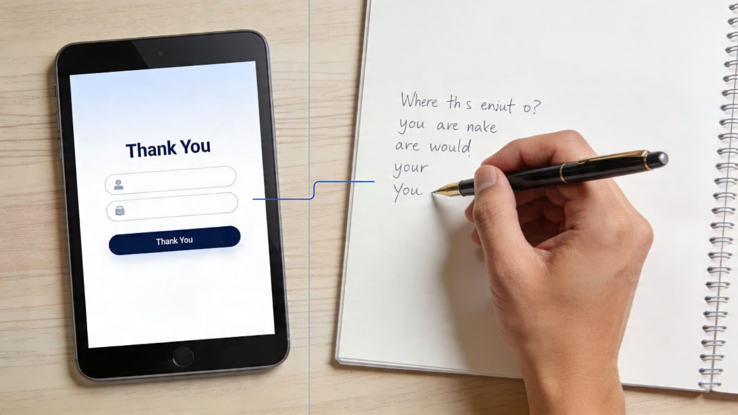 A hand writing notes on a notebook next to a digital tablet displaying a thank you page.