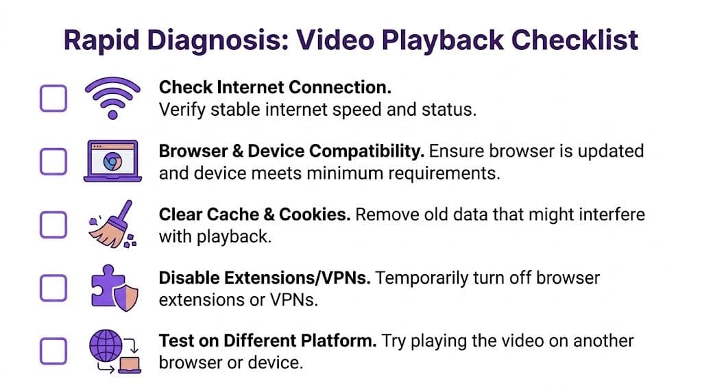 A checklist infographic titled Rapid Diagnosis for troubleshooting video playback issues on browsers and devices.