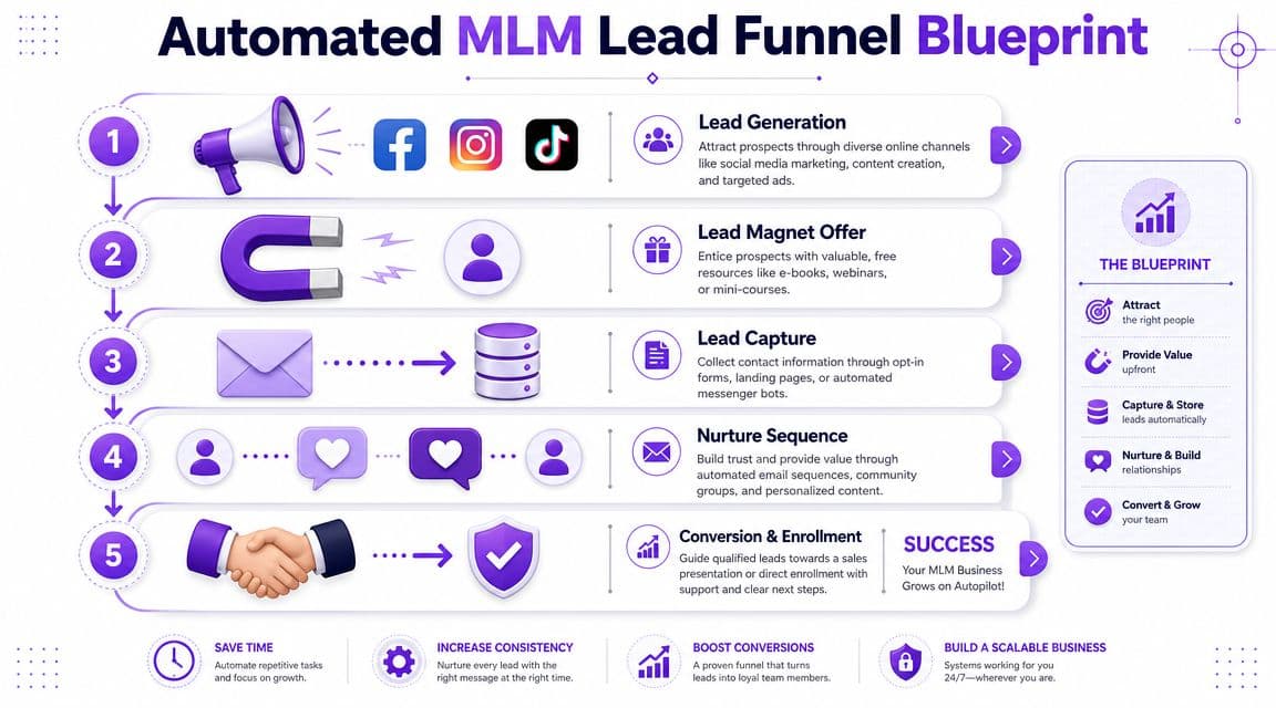 A five-step diagram illustrating an automated lead funnel blueprint for growing a network marketing or MLM business.