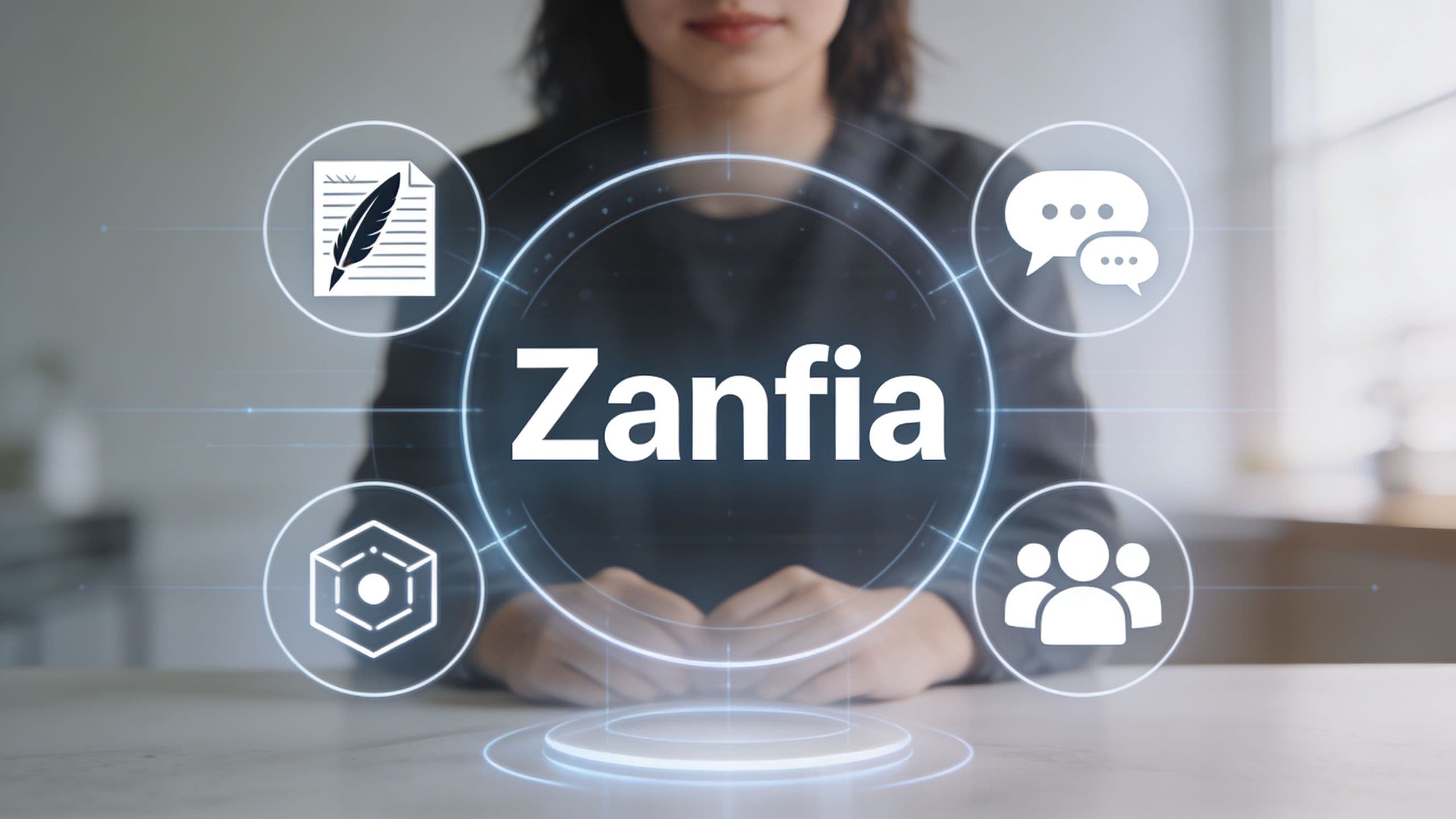 A person sitting at a desk with a glowing digital interface featuring the name Zanfia and icons.
