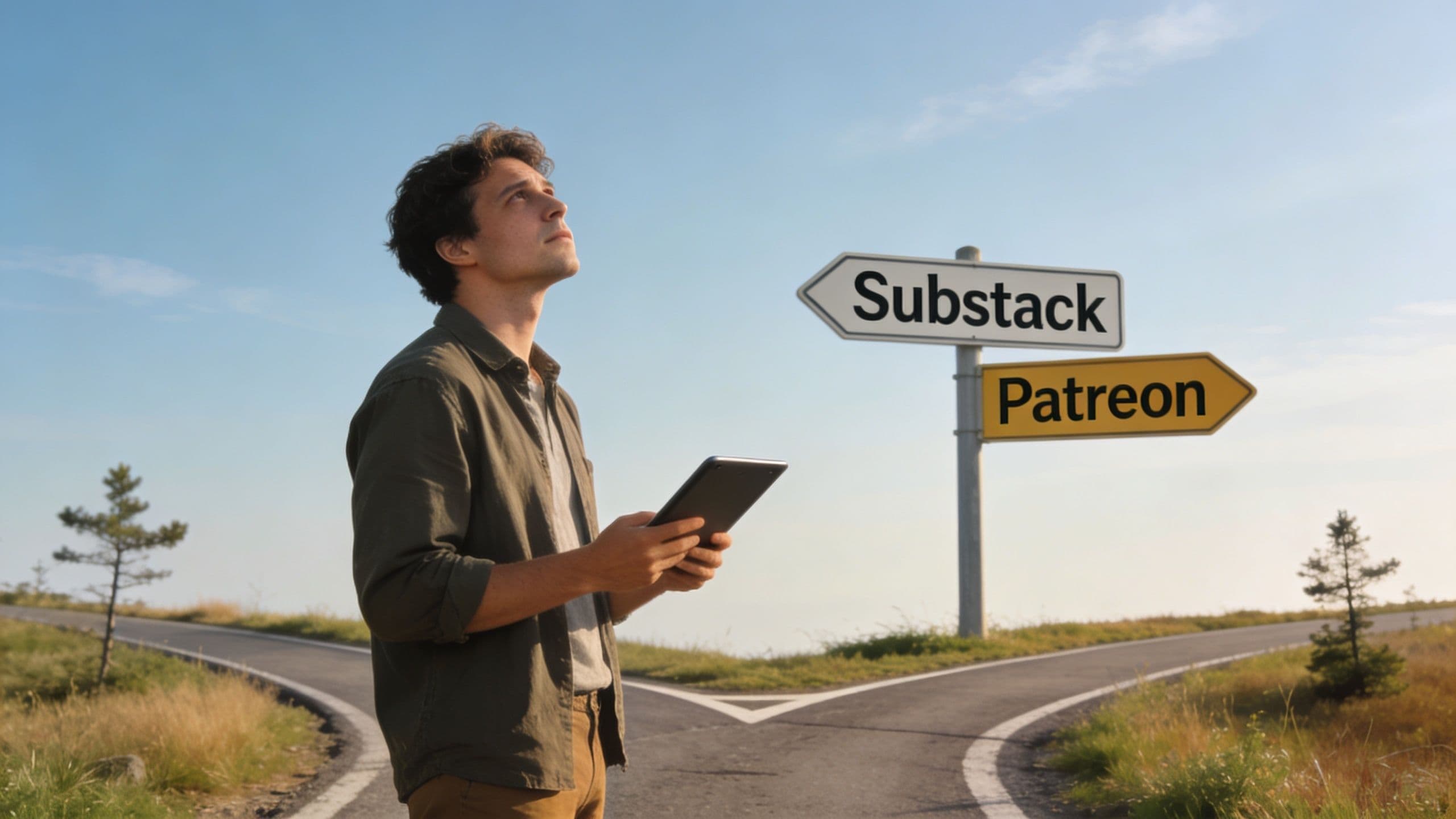 A man holding a tablet stands at a fork in the road choosing between Substack and Patreon.
