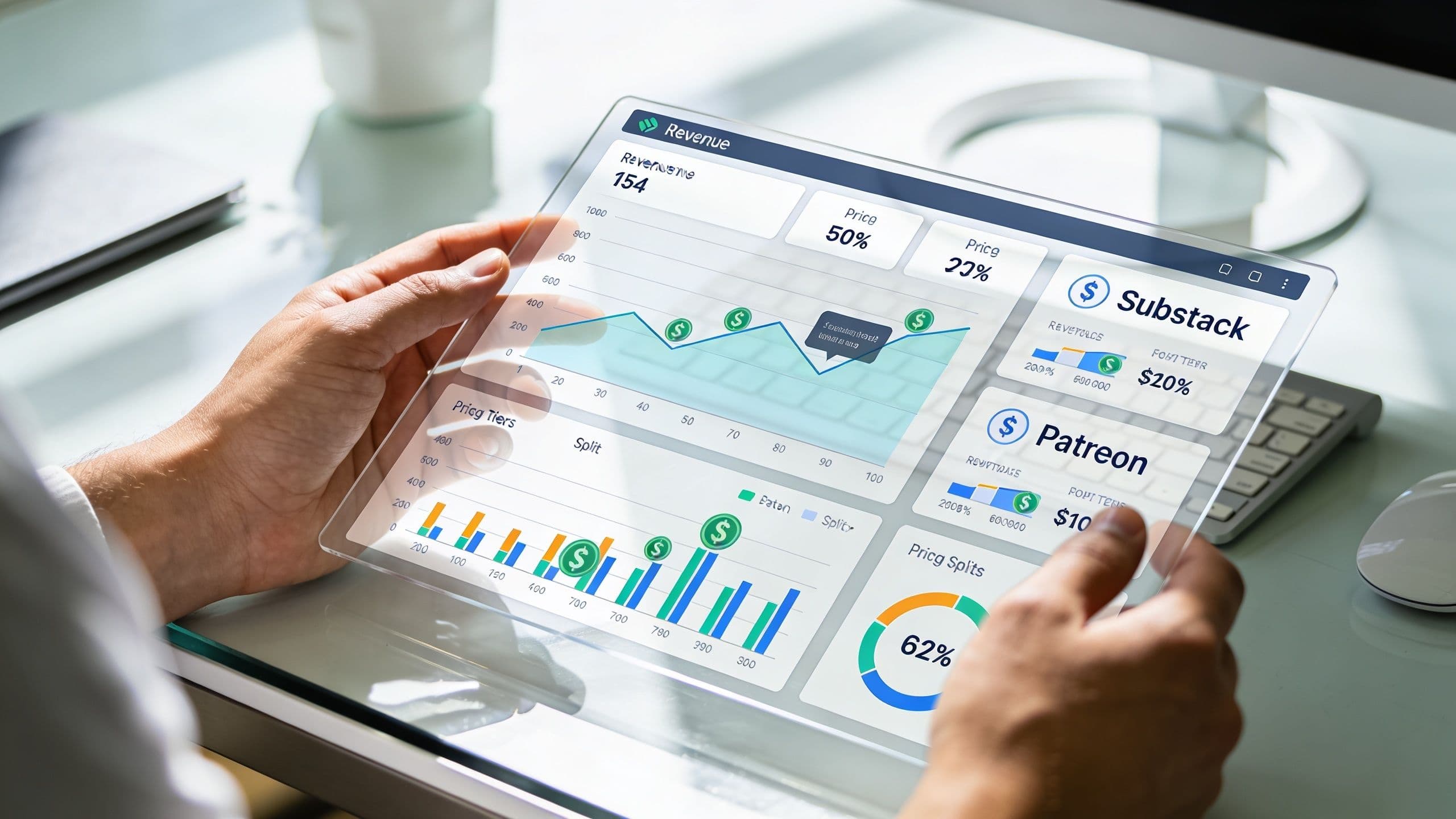 A person holding a transparent digital tablet displaying financial revenue charts comparing Substack and Patreon platforms.