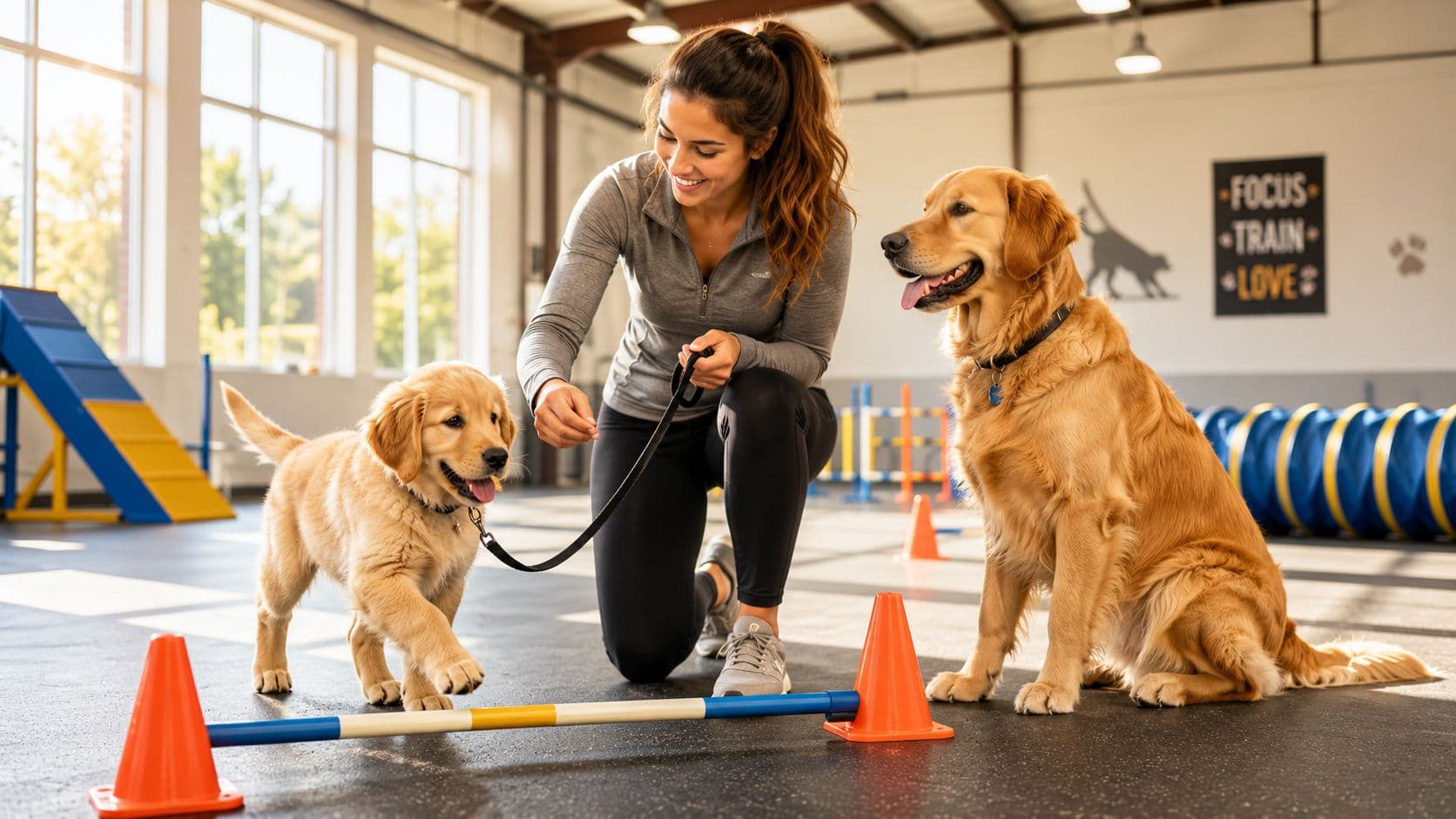 A woman kneeling in an indoor gym training a young puppy and an adult golden retriever dog.
