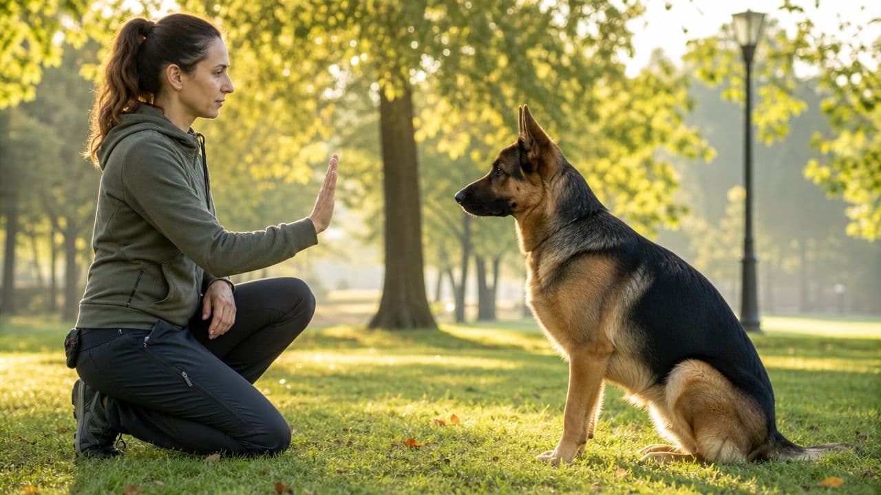 A woman in a green hoodie kneels in a park training her obedient German Shepherd dog.