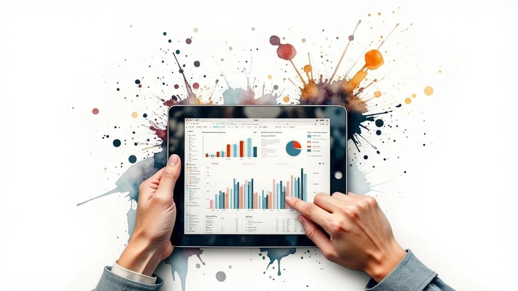 An overhead shot of two people's hands working on a laptop, analyzing charts and data related to community growth, with a cup of coffee nearby, representing strategic scaling.