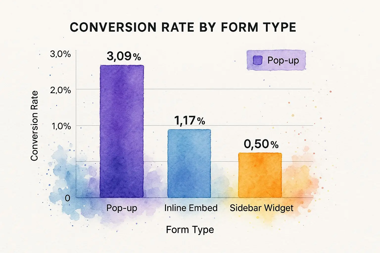 An infographic bar chart showing the conversion rates of different email signup form types. Pop-up forms convert at 3.09%, Inline Embed forms at 1.17%, and Sidebar Widget forms at 0.50%.