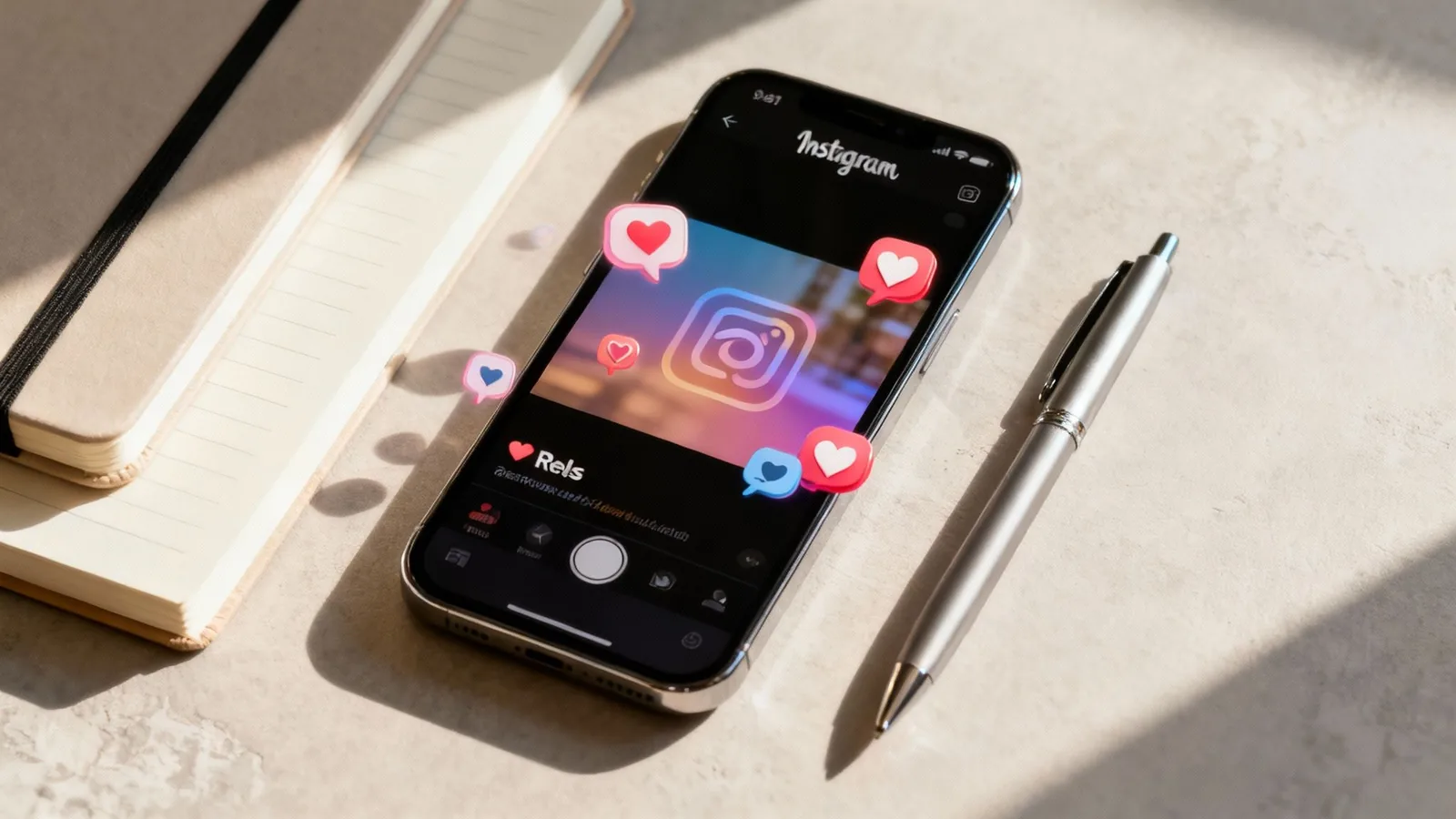 Smartfon w dłoni, na którym wyświetlają się kolorowe relacje i rolki z Instagrama.