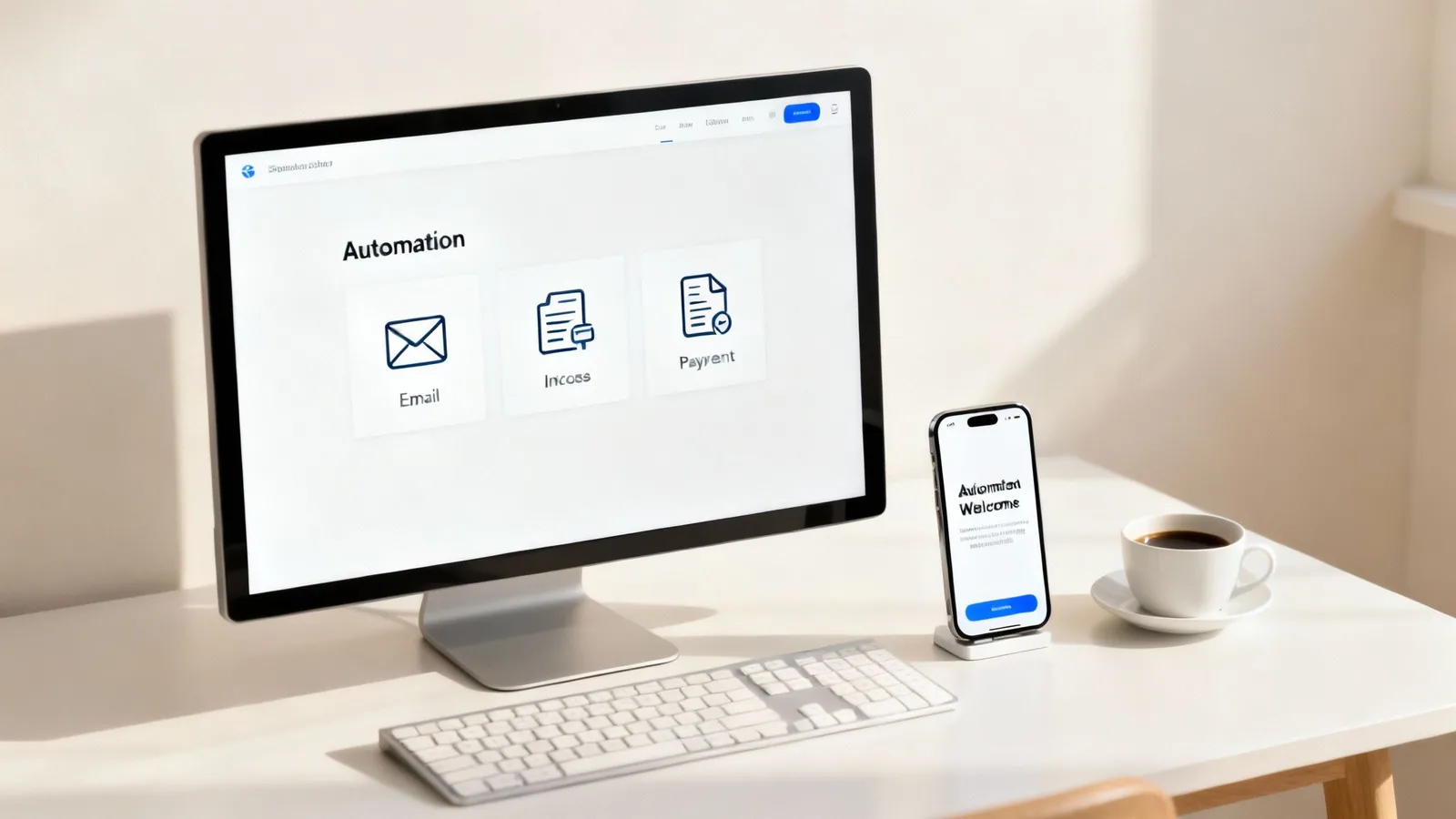 Osoba korzystająca z laptopa, otoczona ikonami symbolizującymi automatyzację, takimi jak koła zębate, e-maile i wykresy.