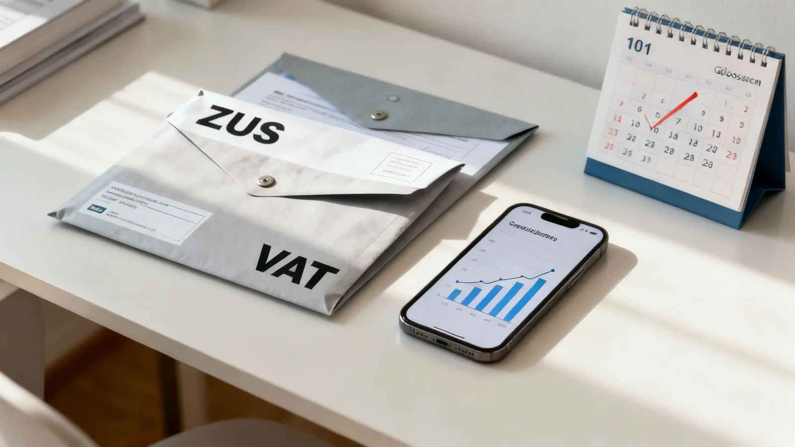 Osoba analizująca dokumenty finansowe związane z ZUS i VAT przy biurku.