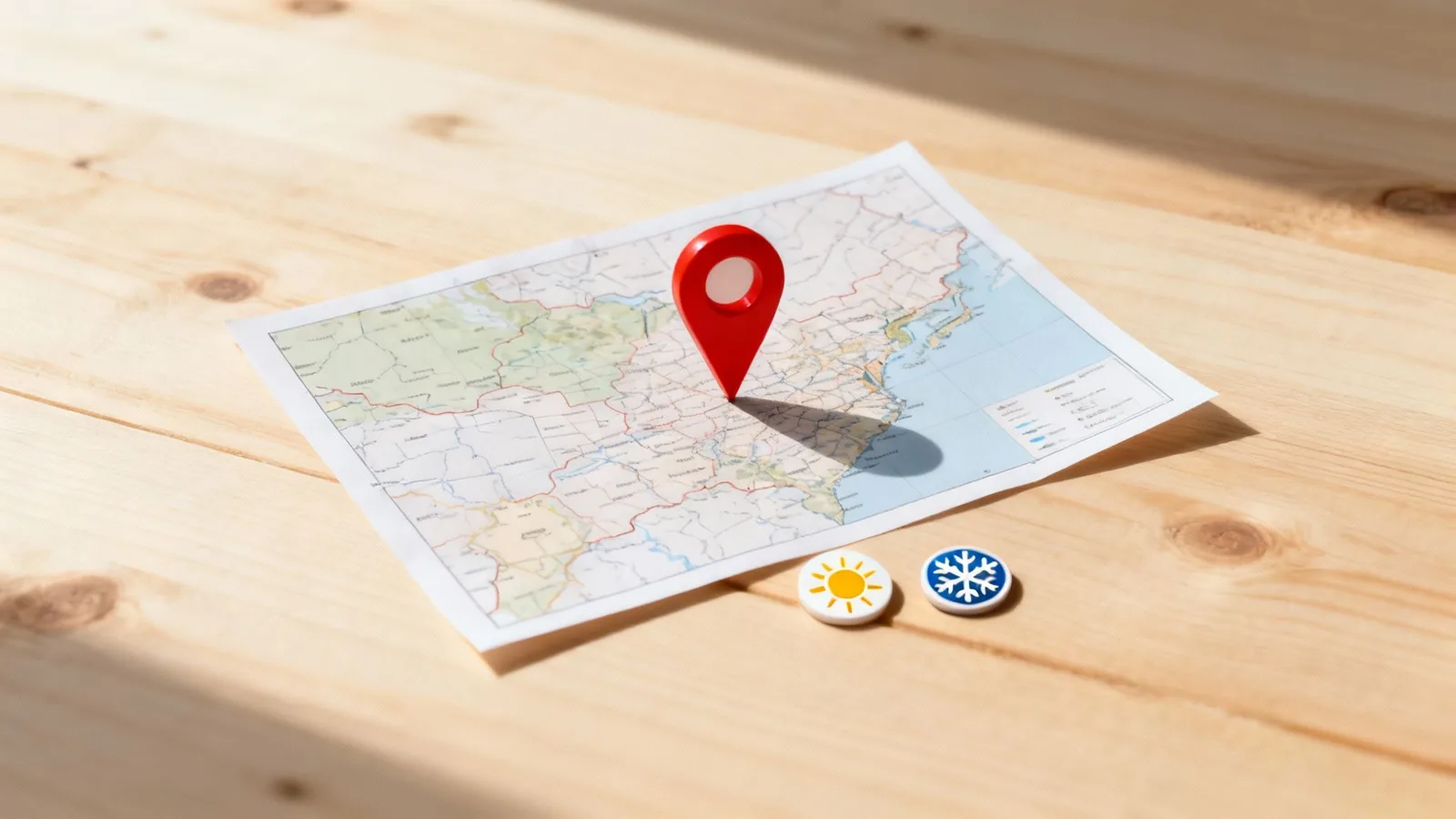 Red location pin on map with sun and snowflake icons representing geographic targeting