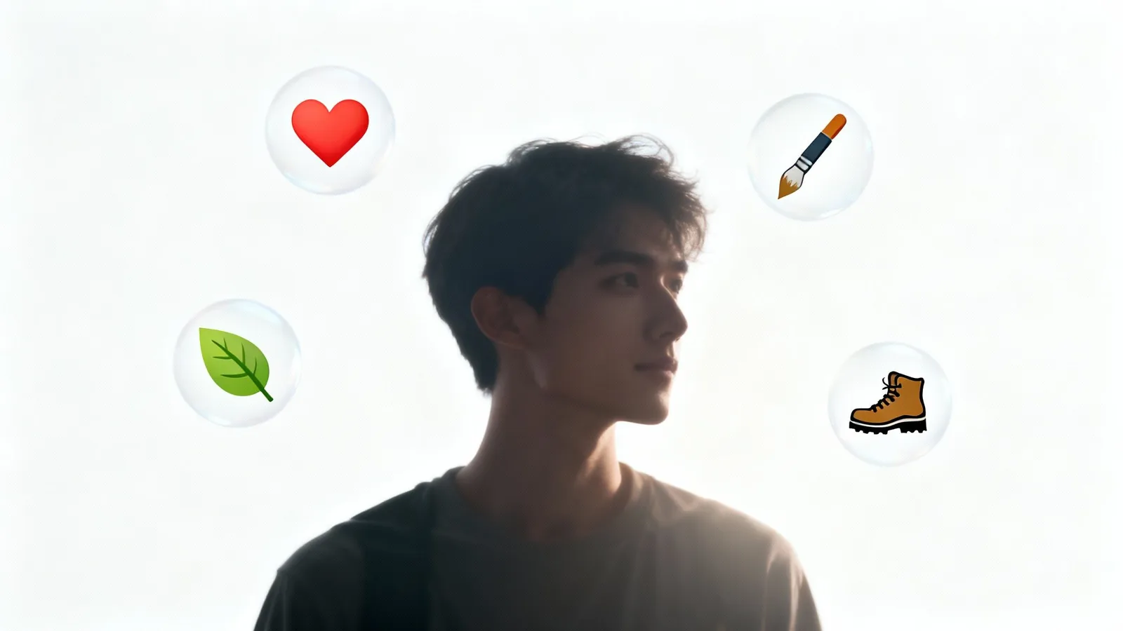 Young man in profile with floating icons representing heart, nature, art, and adventure interests