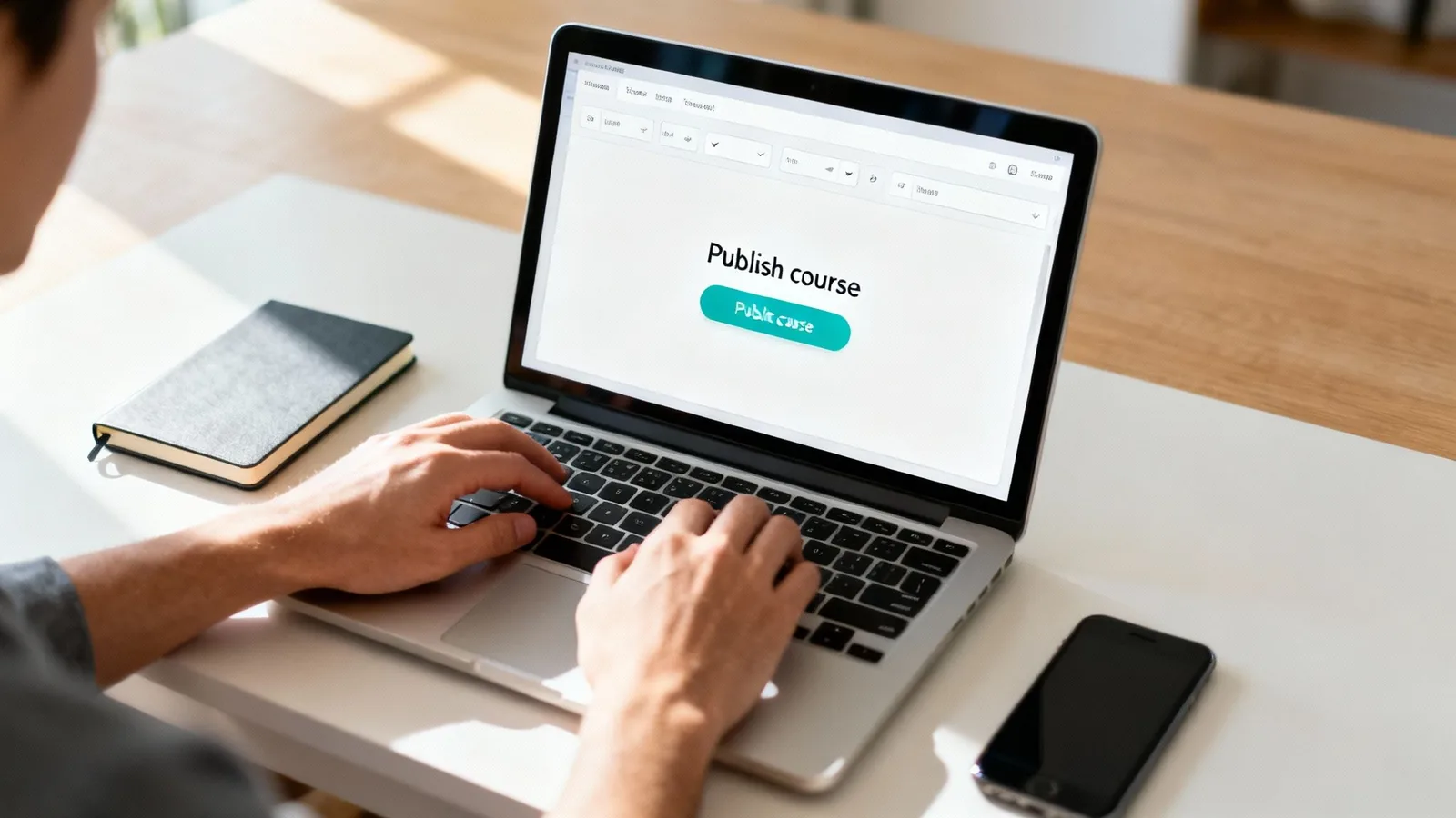 Osoba publikuje kurs online na laptopie, ekran pokazuje przycisk publikacji kursu edukacyjnego
