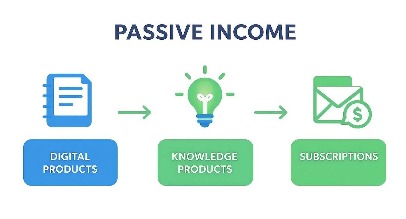 Passive income flow chart showing digital products, knowledge products, and subscriptions with icons