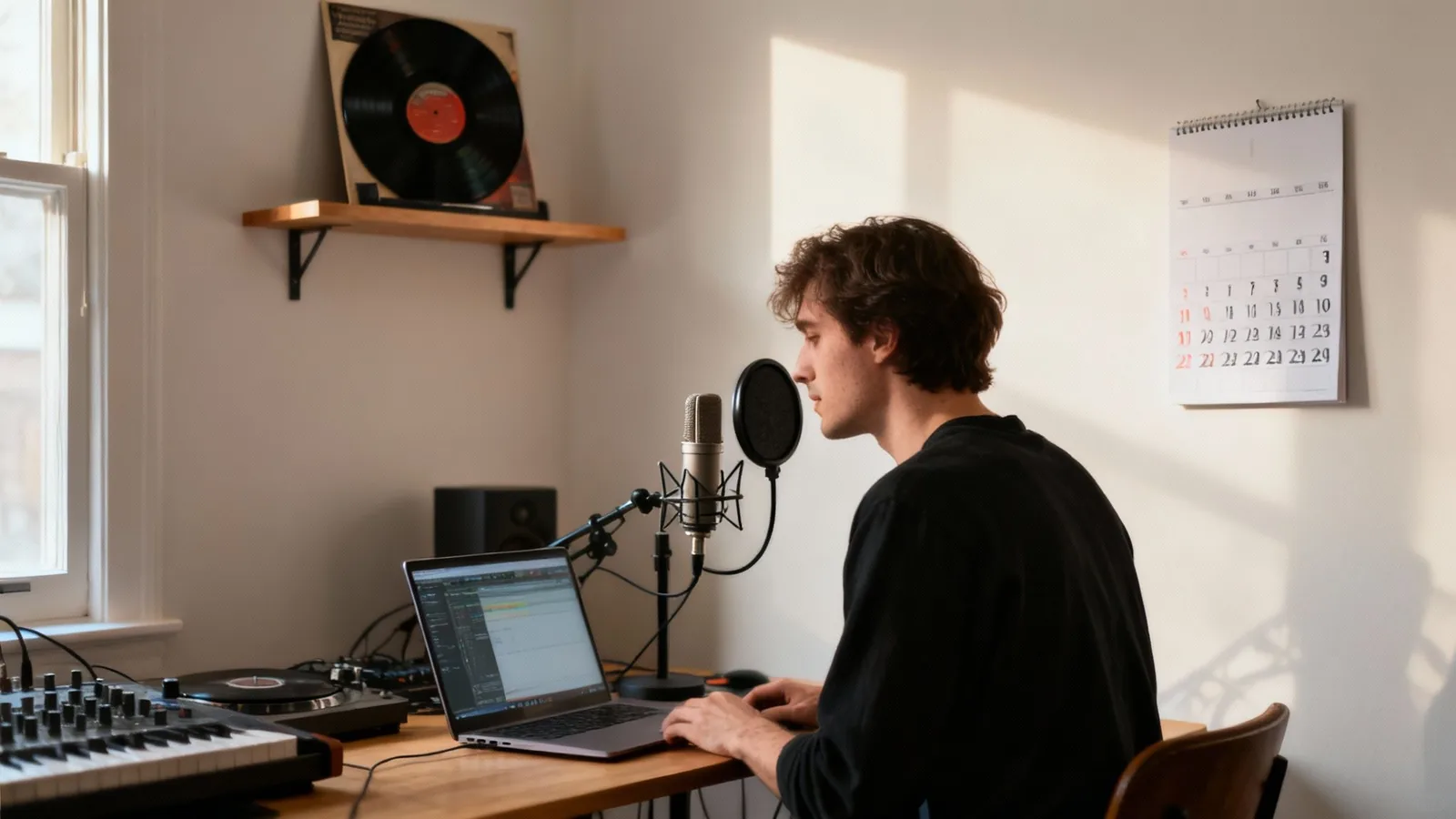 Young man recording podcast or voiceover at home studio with professional microphone and laptop