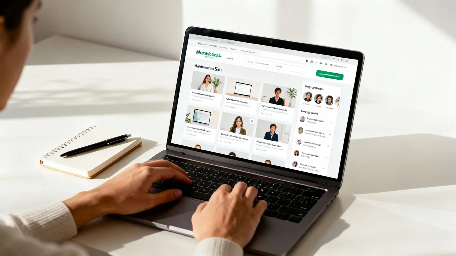 Person using laptop to browse membership website platform showing course categories and instructor profiles