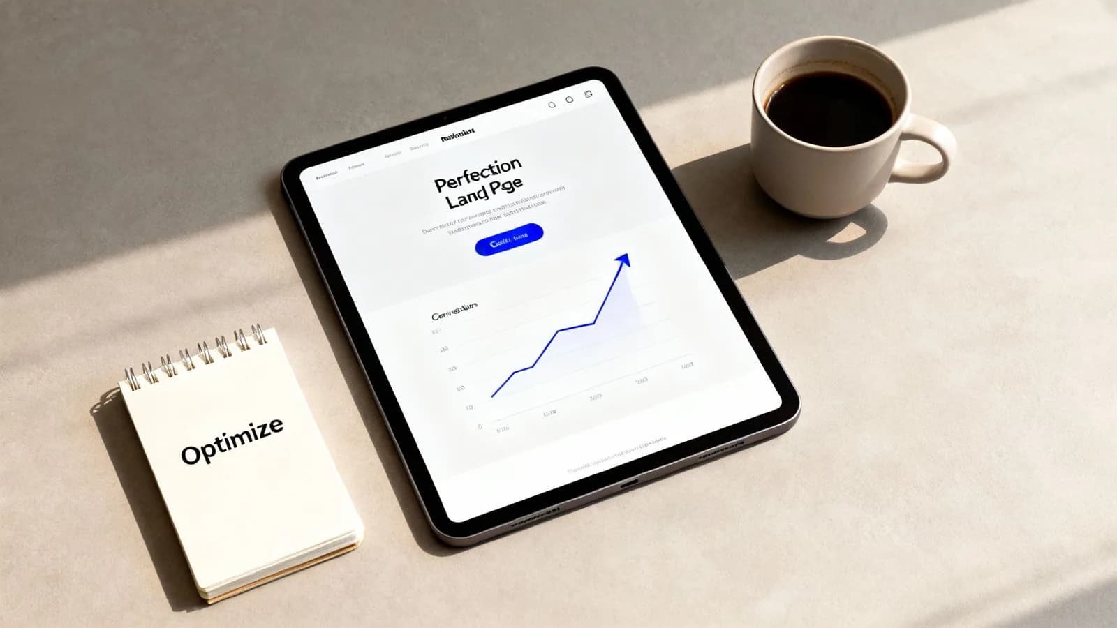 Overhead shot of a tablet displaying a landing page with a growth graph, a notebook saying 'Optimize', and a coffee mug.