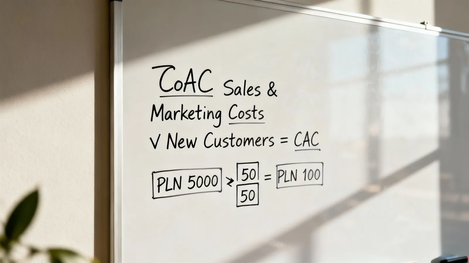 Whiteboard displaying the formula and an example calculation for Customer Acquisition Cost (CAC).