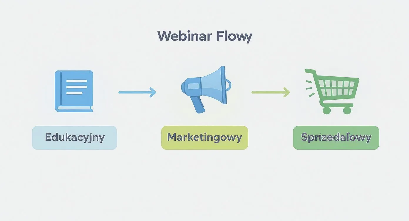 Diagram przedstawiający przepływ webinara: etap edukacyjny (książka), marketingowy (megafon) i sprzedażowy (koszyk), ilustrujący strategię.