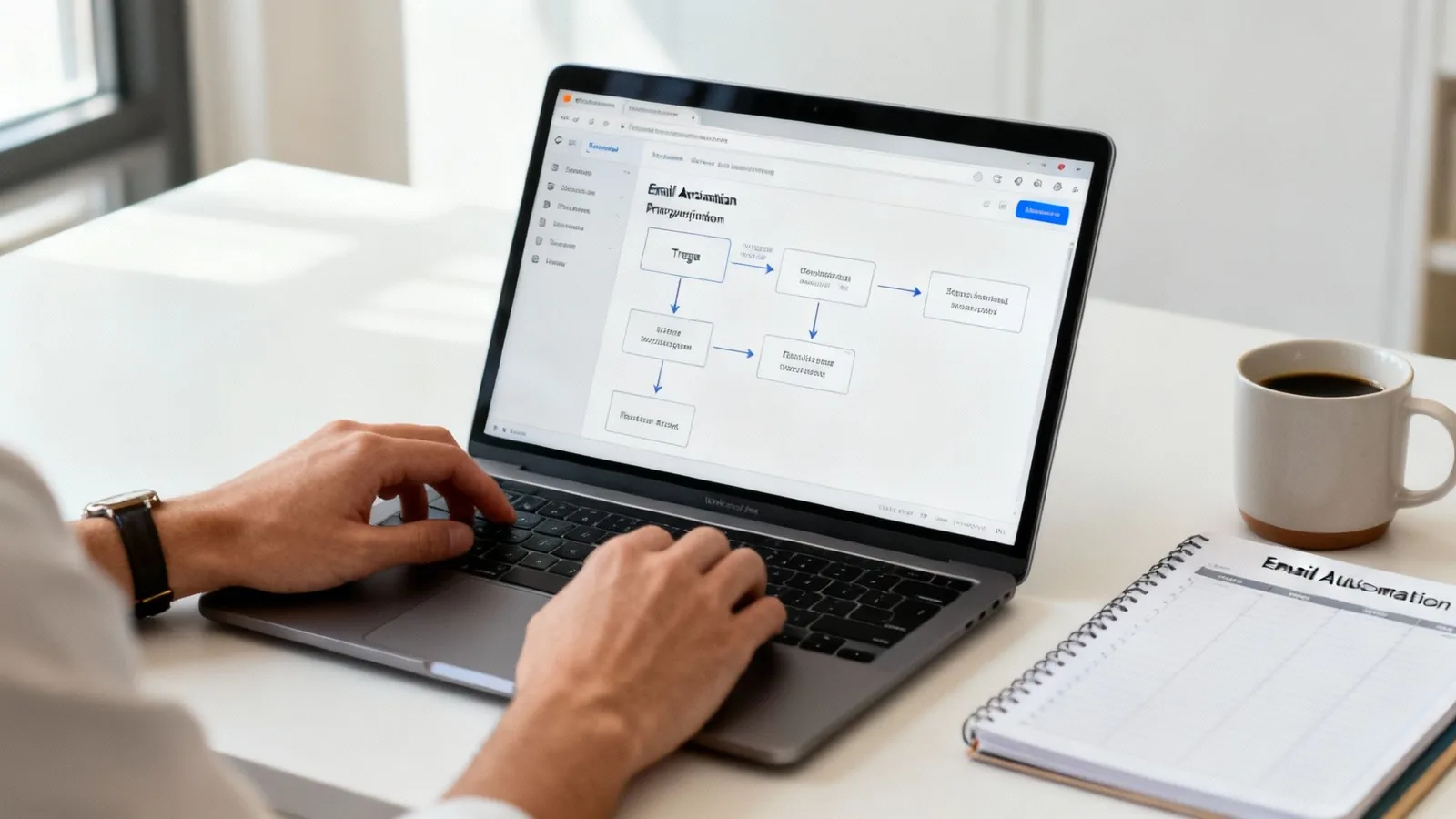 Person working on a laptop displaying an email automation flowchart, with a notebook and coffee.