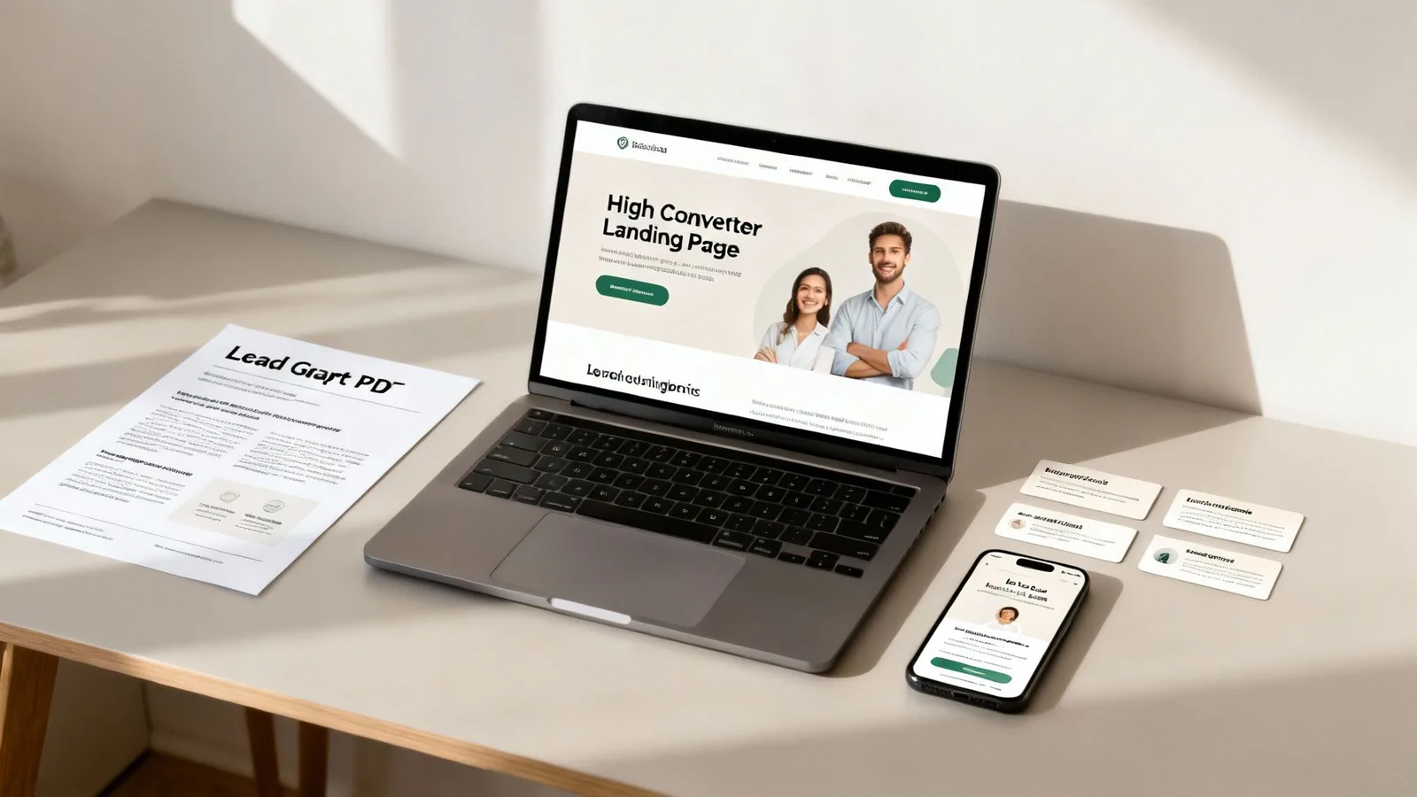 A clean desk workspace with a laptop displaying a 'High Converter Landing Page', a document, a smartphone, and business cards.