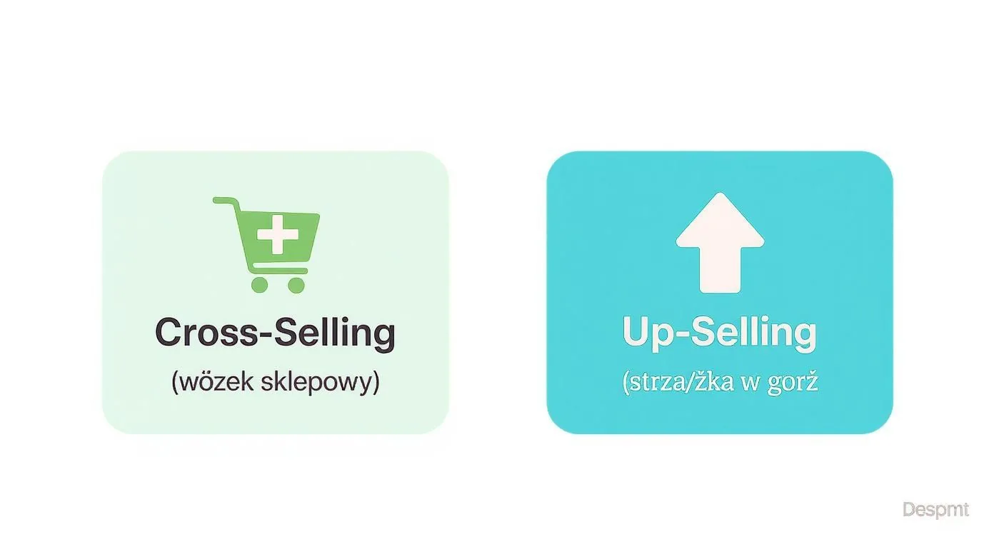 Dwie ikony przedstawiające cross-selling (wózek sklepowy) i up-selling (strzałka w górę) z krótkim opisem.