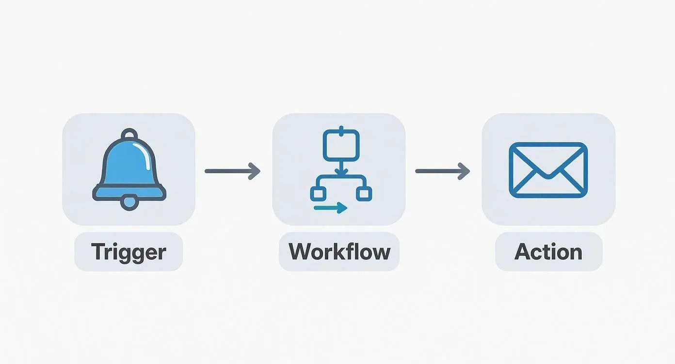 A diagram illustrating an automation process with a trigger (bell), workflow (flowchart), and action (envelope).