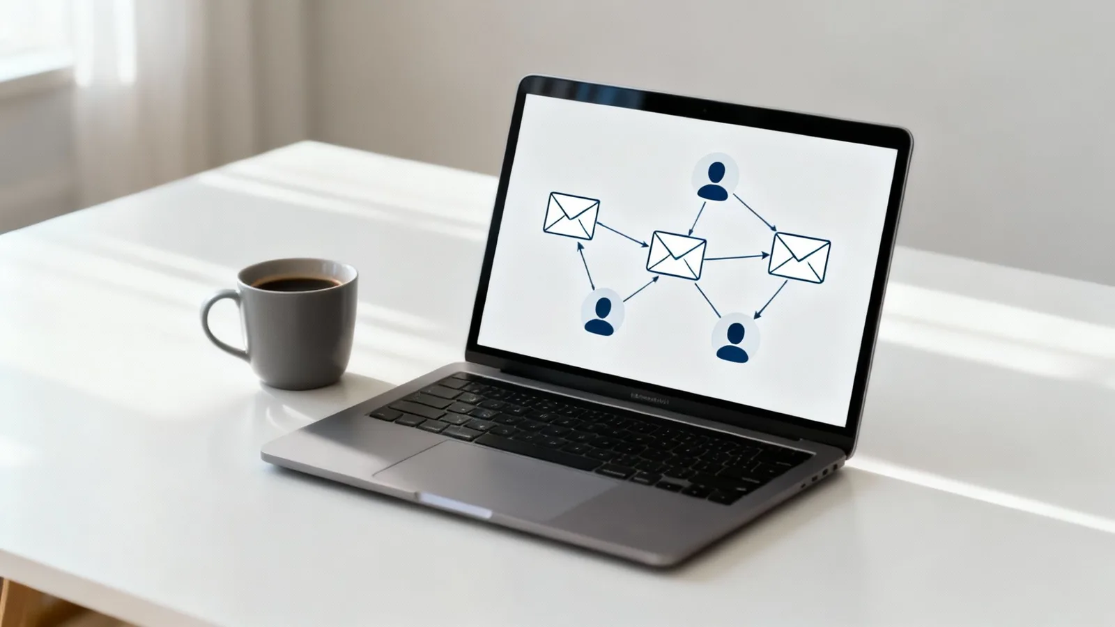 Laptop on a desk showing an email and user network diagram, with a coffee cup beside it.